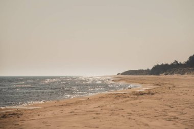 Sabahleyin boş deniz kıyısı. Baltık Denizi kumsalı. Tatil kavramı.