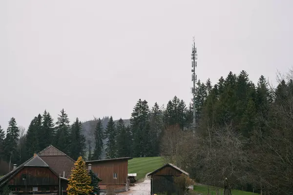 空のテレコムタワー5Gと4Gセルラーネットワーク 森林地帯の上にあるセルタワーは — ストック写真