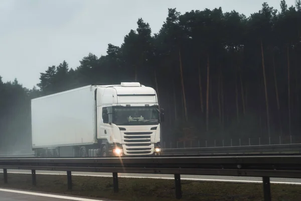 Een Grote Vrachtwagen Beweegt Snelweg Concept Van Rederij Landschap Met — Stockfoto
