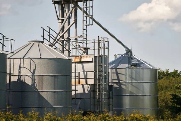 農業ビジネスの風景です 鉄鋼農業用サイロ 建物の外観 トウモロコシ ひまわりの貯蔵及び乾燥 — ストック写真