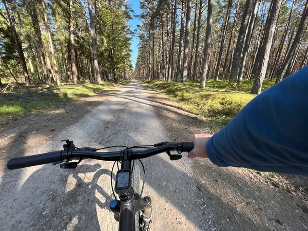 Förstapersonscykel Skogen Man Cyklist Rider Skogen Cykel Förstapersonsvyn Resebegrepp — Stockfoto