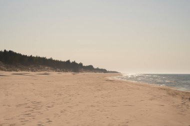 Sabahleyin boş deniz kıyısı. Baltık Denizi kumsalı. Tatil kavramı.