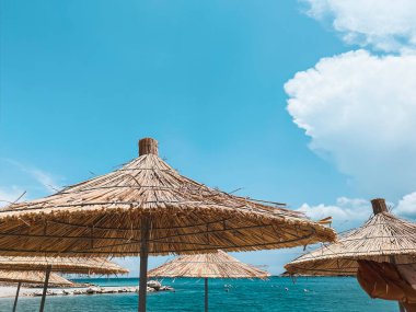 Yaz tatili geçmişi. Tropik bayram afişi. Tatil, güneşte rahatla. Mavi gökyüzüne karşı adanın güneşlik şemsiyesi.