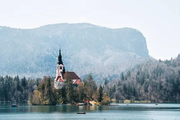 Bled Gölü 'nün muhteşem manzarası. Ada, Kilise ve Alp Dağları Arkaplanda Kale. Kan, Slovenya, Avrupa