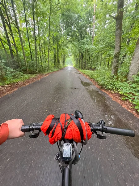 骑自行车到森林里去 骑自行车旅行 探索野性 在森林里骑自行车冒险 骑自行车包装Pov旅行团 — 图库照片