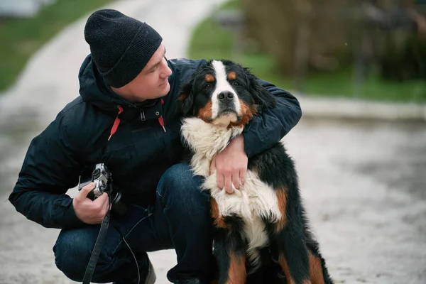 Ein Mann Umarmt Seinen Geliebten Berner Sennenhund Inmitten Der Heiteren — Stockfoto