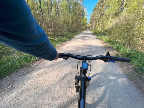 Pov Cykel Styret Närbild Begreppet Cykling Utomhus — Stockfoto