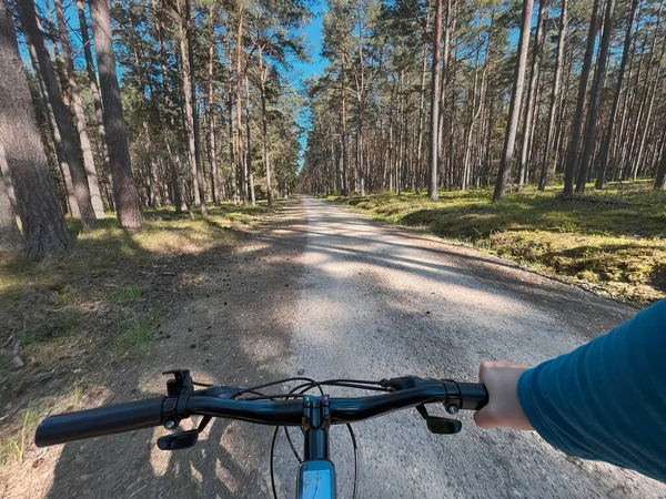 Andar Bicicleta Primeira Pessoa Floresta Homem Ciclista Passeios Floresta Uma — Fotografia de Stock