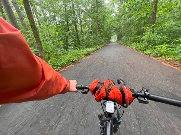第一人称山地自行车在大自然之美中的自由 骑手的手放在自行车把手上 运动模糊 — 图库照片