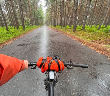Ormana bisiklet gezisi. Bisiklet turu. Bisiklet çantalarıyla motosiklet gezisi. Şık bisiklet paketleri, bisiklet, spor kıyafetleri..