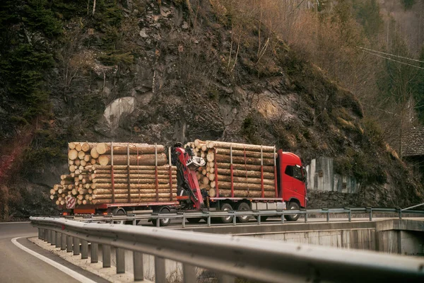 Szwajcaria Europa 2023 Załadunek Kłód Ciężarówkę Przenośny Żuraw Ciężarówce Ciągniki — Zdjęcie stockowe