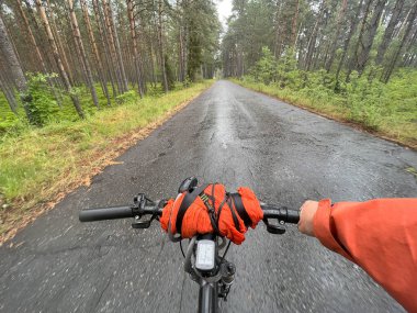 Ormana bisiklet gezisi. Bisiklet turu. Bisiklet çantalarıyla motosiklet gezisi. Şık bisiklet paketleri, bisiklet, spor kıyafetleri..