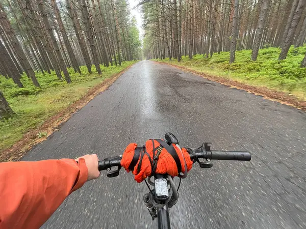 First Person View Handling Bicycle Forest Road City Sunlight Concept — Foto Stock