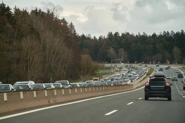 2023 Germany Europe Heavy Traffic Congestion Autobahn Rainy Weather Overloaded Stock Image