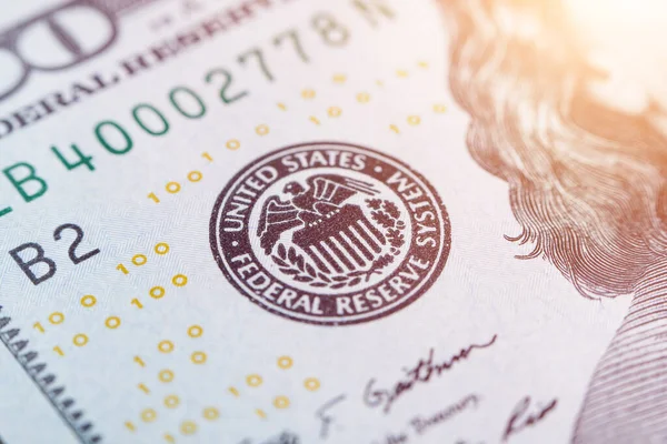 Macro Foto Del Sistema Reserva Federal Símbolo Billete Cien Dólares — Foto de Stock