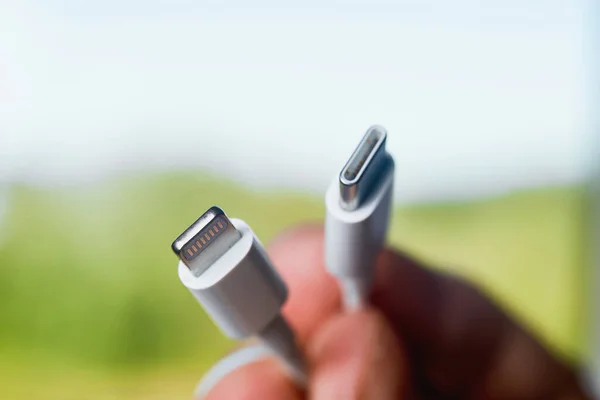 USB type C port cable to charge the smartphone. EU law to force USB-C chargers. Lightning to USB-C.