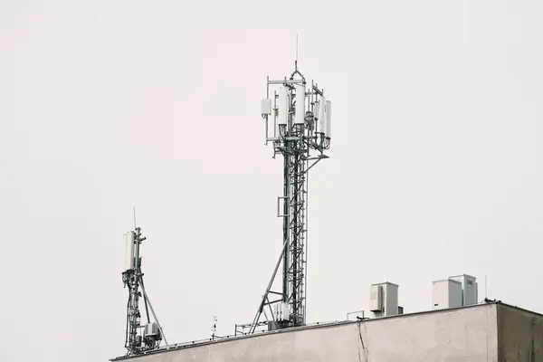Telecommunication tower isolated close-up. cellular antenna repeater tower. 4G 5G Lte connection radio