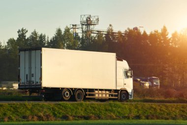 Kargo kamyonu dağ yolunda. Avrupa otoyolunda teslimat kamyonu. Genel dağıtım kavramı.