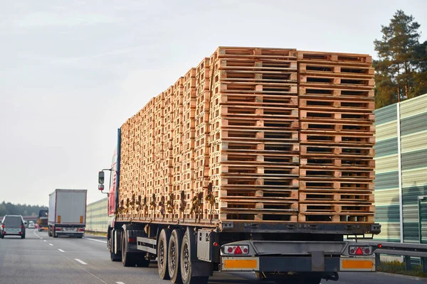 Side view of the Truck transporting a European pallet load on the highway. Truck Carrying European Pallet Load on the Road. Highway Cargo Delivery.