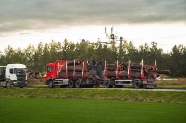 Otobanda tahta kütükleri olan bir kamyonun yan görüntüsü. Tahta teslimatı ve işleme. Orman konsepti.