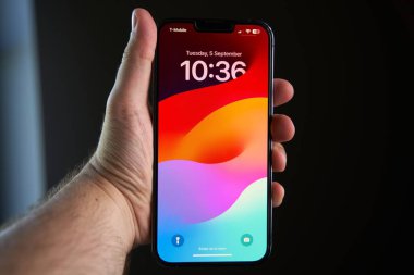 Polonya Avrupa 11.09.2023. Akıllı Telefon Elde. İnterneti ve uygulamaları modern iPhone Pro Max ile keşfetmek.