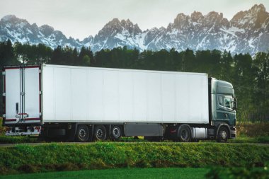 A truck on the intercity highway. Shipping freight and delivering packages. Concept of goods distribution. A heavy truck delivering cargo on the highway, showing the business and industry clipart