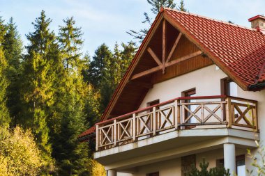 Dağ Tarzı Ahşap Ev Resimli Manzarada. Doğanın Güzelliği Ortasındaki Modern Tahta Kalas Kulübesine Kaçış