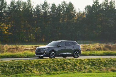 Issız bir yolda hibrit motoru olan bir SUV arabası. Spor ve Aile İçin Modern ve Lüks Bir Geçiş Tasarımı.