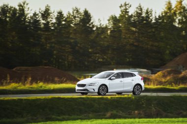 Kırsalda araba hız yapıyor. Modern bir hatchback 'in içinde yeşilliklerle çevrili bir yolda hızlı sürüyorum. Otoyolda ilerleyen modern hatchback 'in yan görüntüsü.