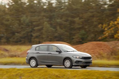 Modern bir hatchback 'in içinde yeşilliklerle çevrili bir yolda hızlı sürüyorum. Otoyolda ilerleyen modern hatchback 'in yan görüntüsü.