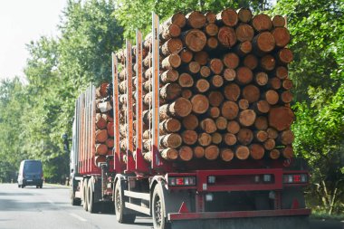 Otobanda tahta kütükleri olan bir kamyonun yan görüntüsü. Tahta teslimatı ve işleme. Orman konsepti.