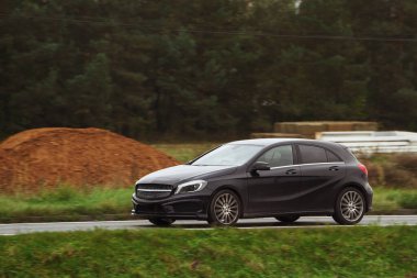 Günbatımı ve orman geçmişi olan lüks spor bir arabada hız yapmak. Entellektüel pahalı araba yolda. Otobanda lüks ve lüks bir araba var..