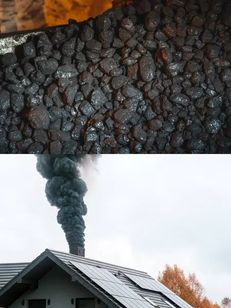 Smoke out of a chimney and coal. Process of heating detached house with coal that contains a lot of energy while polluting the air and causing global warming.