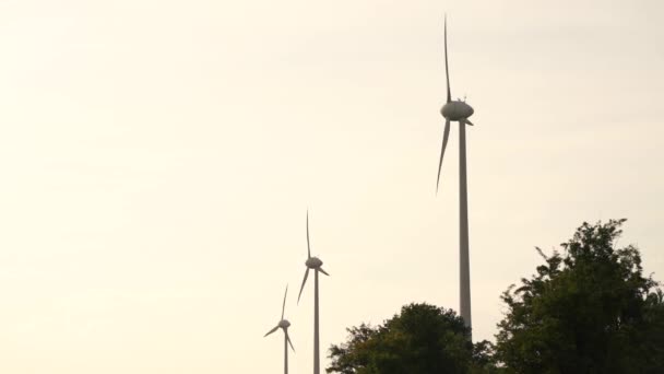 日落时的风车和可持续能源 利用可再生能源与风车 代用电力由风力发电 — 图库视频影像