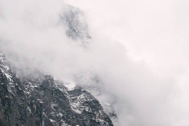 İtalyan Alpleri 'ndeki görkemli Dolomitlerin önünde çam ağaçları ve karlı bir vadi. Doğal güzellik ve kış harikası manzarası. Varış yeri için mükemmel bir yer. Dolomitlerin Görünümü