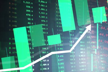 Stock market chart with green candlesticks going up indicating crypto rising in value. Graphical representation of price rising