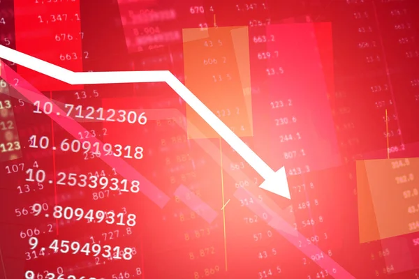 Stock market crash with arrow going down and red graph decreasing. Capital at risk. Bitcoin on arrow goes down and line charts with extreme price drop cryptocurrencies market Spot, futures and funding