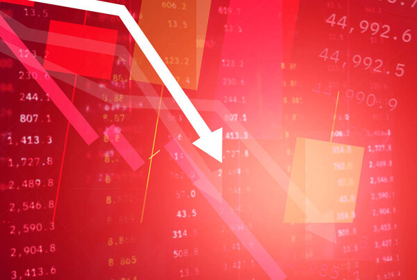 The stock market is crashing as the red arrow plunges down. Bitcoin and other cryptocurrencies are also losing value rapidly. A red arrow shows the dramatic fall of the stock market.