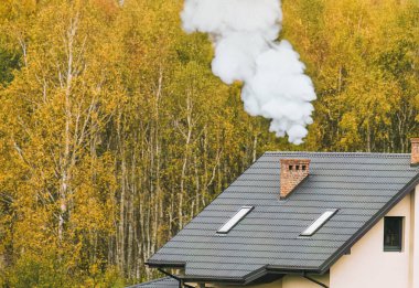 A cozy home emits warm smoke through the chimney against a backdrop of autumn trees in full bloom. Smoke rises gracefully from a house