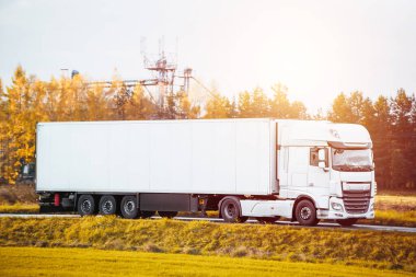 Modern white trucks with semi-trailers drive on a highway. Transporting cargo containers for commercial and industrial purposes. Sustainable logistics and efficient delivery methods to ship goods.
