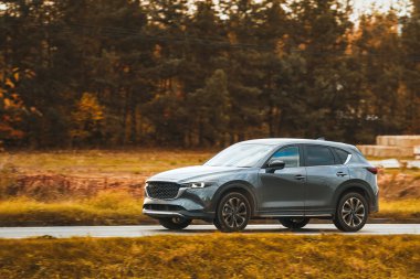 Melez bir SUV arabası görkemli bir doğa ve arka planda altın bir günbatımına sahip manzaralı bir yolda ilerliyor..