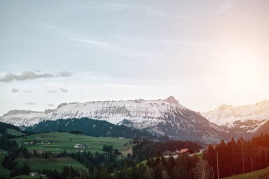 Karlı zirveler, dingin gökyüzünün altında yemyeşil bir ormanın üzerinde İtalyan Alpleri Dolomitlerinin ihtişamını gözler önüne seriyor. Karlı dağları ve sık ormanları olan dağlık bir güzelliğin nefes kesici manzarası.