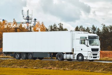 Bir yük kamyonu bir konteynırı otoyolda taşır. Avrupa konseptinde lojistik. Arkasında güzel kırmızı bir güneş batarken bir otoyolda kargo kamyonu sürüyorum..
