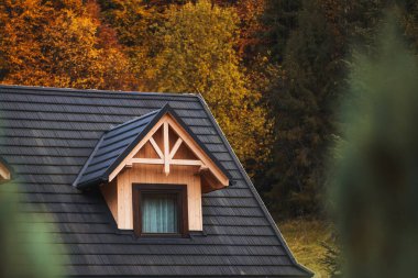 Konforlu bir banliyö evinin yakınında. Yeşilliğin tam ortasında, bir ev penceresinin karmaşık tasarımı koyu kiremitli bir çatının arka planına karşı duruyor..