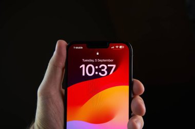 Polonya Avrupa 11.09.2023. Akıllı Telefon Elde. İnterneti ve uygulamaları modern iPhone Pro Max ile keşfetmek.