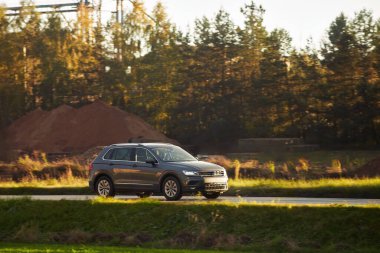 Aile seyahati ve iş için güç ve zarafeti birleştiren hibrid bir SUV arabası. Doğal bir arka planda izole edilmiş..