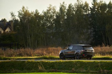 Aile seyahati ve iş için güç ve zarafeti birleştiren hibrid bir SUV arabası. Doğal bir arka planda izole edilmiş..