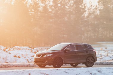 Arka planda doğa güzelliği olan beyaz bir arabayla gezinin tadını çıkarıyorum.