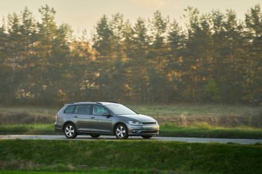 Güzel bir ormanla çevrili, Manzaralı bir yolda giden bir araba.