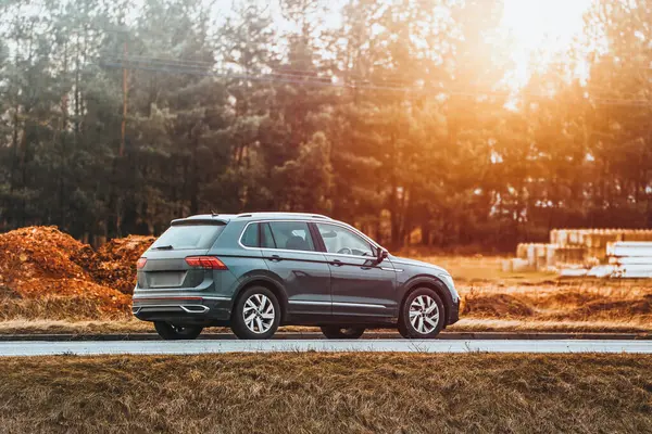 Çarpıcı bir günbatımı ve ormanı olan virajlı bir yolda hızlı giden bir araba.